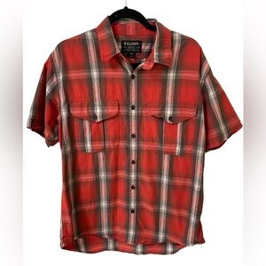 Filson Shirt Men’s Medium Button Front Short Sleeve Plaid Red Brown Cream